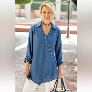 Soft Surroundings Women’s Asymmetrical Tencel Denim Blue Tunic Top Size XS